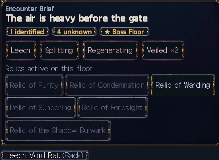 Game screen: The encounter summary on a boss floor, with the variant chips on the enemies