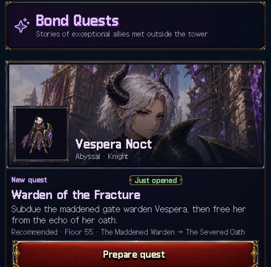 Game screen: Bond quests, one card per named mercenary