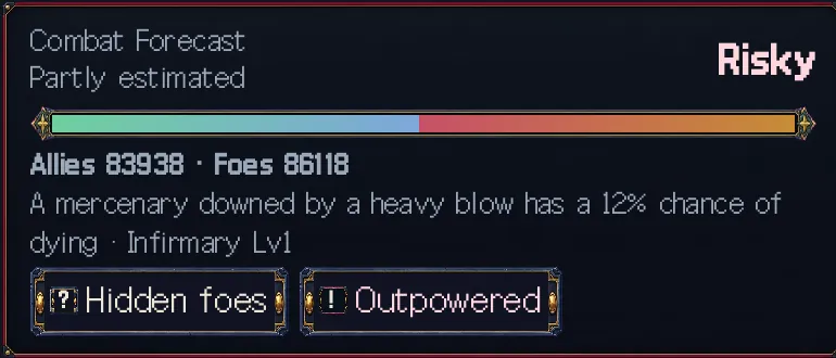 Game screen: The battle forecast on scouting: the chance of death and the infirmary level