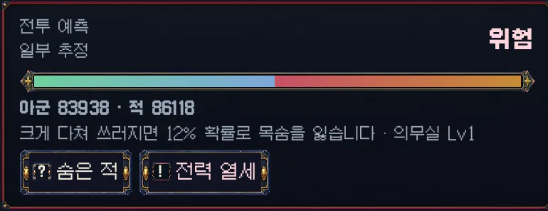 게임 화면: 정찰의 전투 예측. 쓰러질 때 목숨을 잃을 확률과 의무실 단계