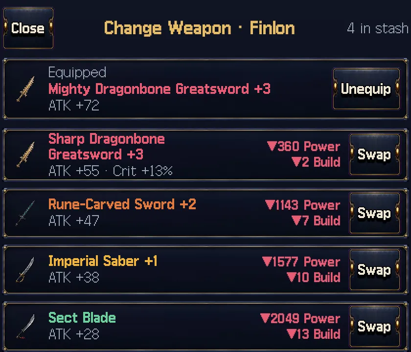 Game screen: The swap list, with the power change on each row