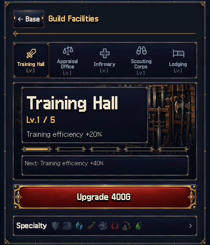 Game screen: Guild facilities, each with its level and upgrade cost