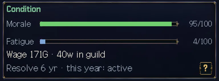 Game screen: Condition on the growth page of a mercenary
