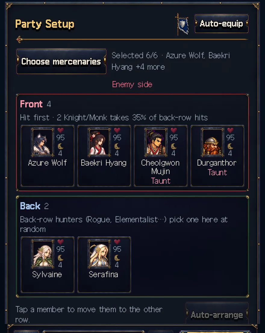 Game screen: Front and back rows in the party setup