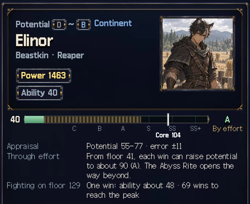 Game screen: Candidate details: the potential range and the final grade