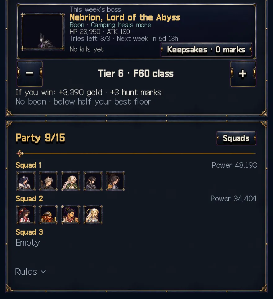 Game screen: Boss Hunt setup: this week's boss, the tier and the squads