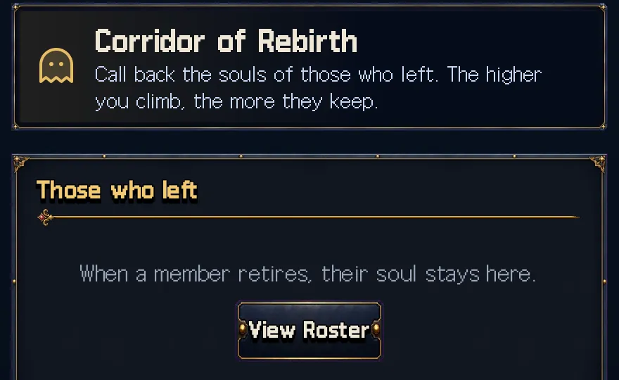 Game screen: The Corridor of Rebirth and the list of those who left