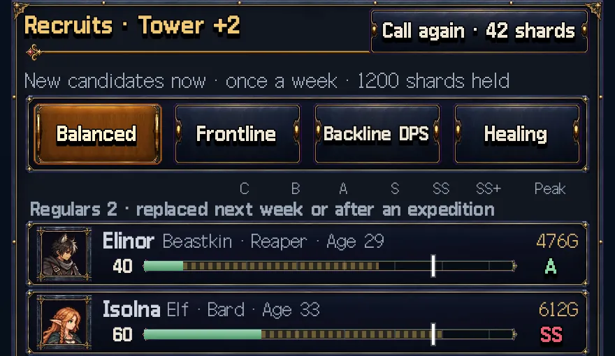Game screen: The candidate list, with focus chips and the refresh button above it