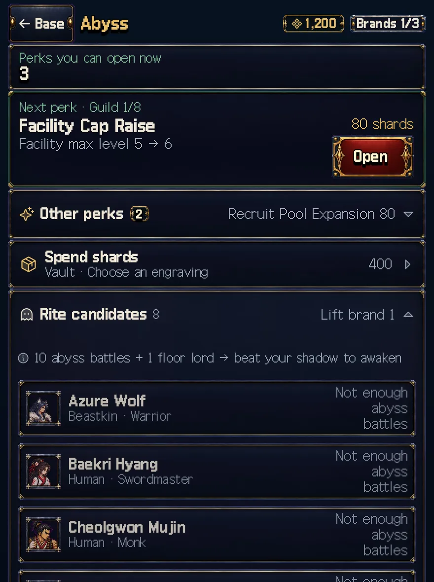 Game screen: Rite candidates on the abyss screen