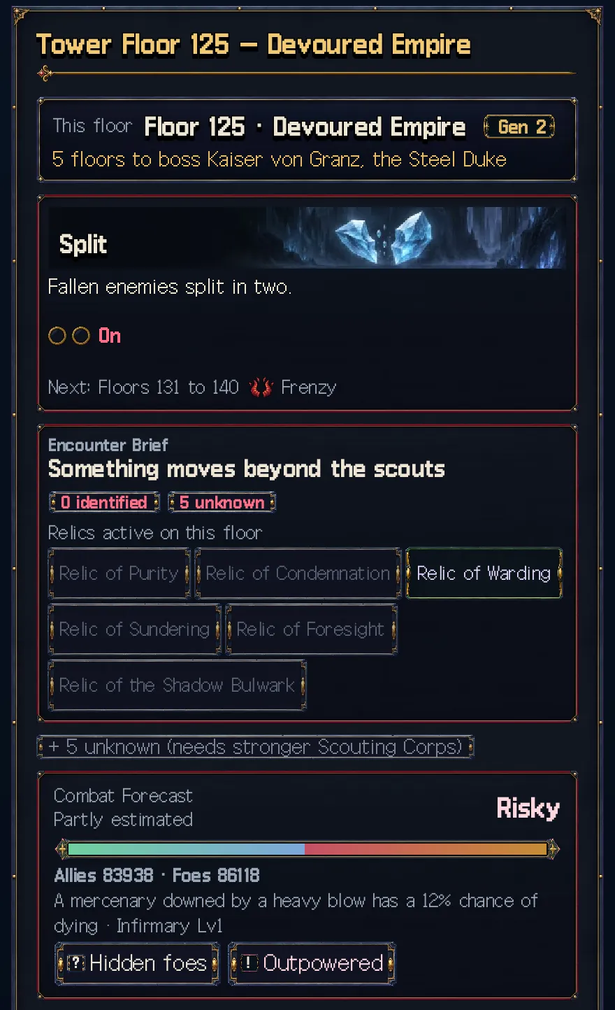 Game screen: The scouting screen: this floor's mutation, the encounter summary and the battle forecast
