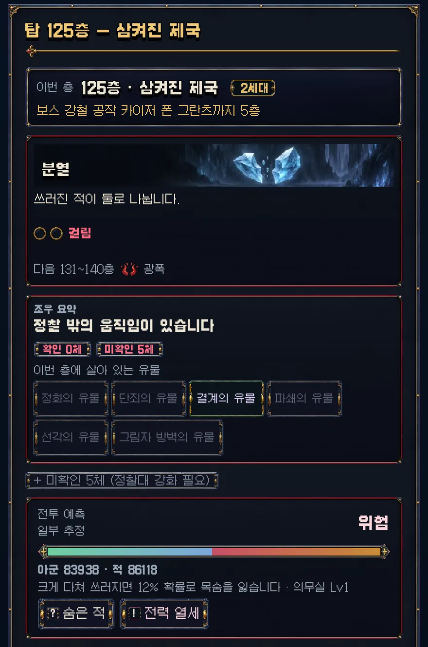 게임 화면: 정찰 화면. 이번 층의 변이, 조우 요약, 전투 예측