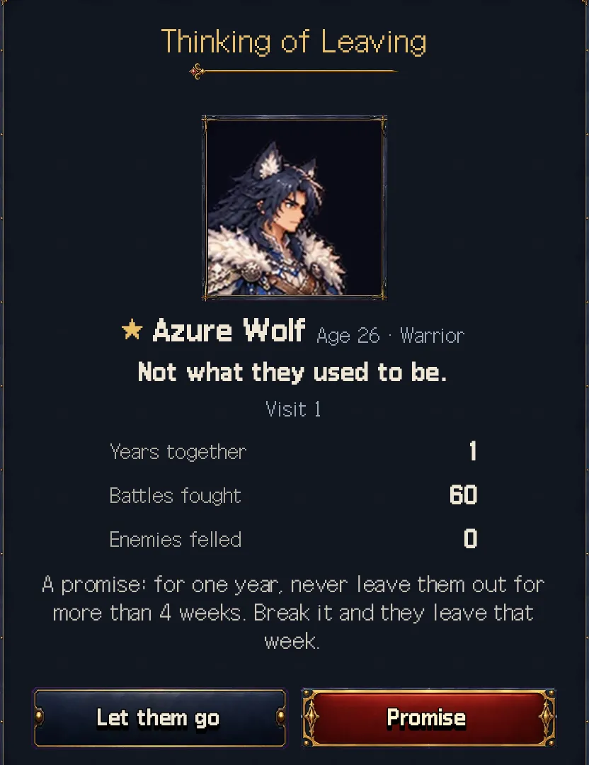 Game screen: A mercenary's retirement visit and the two answers