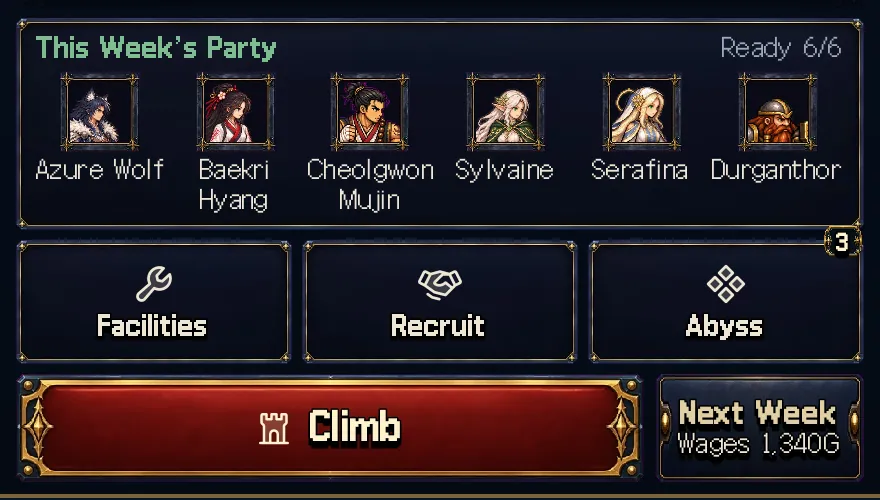Game screen: The bottom of the hall: this week's party with the climb and next week buttons