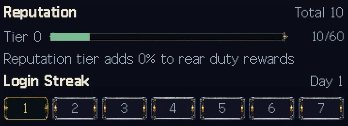 Reputation and Login Streak live on the Rear Duty sheet